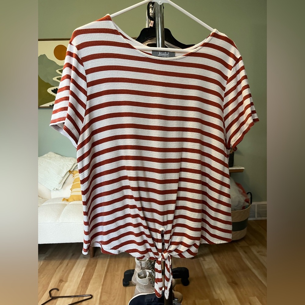 Marled Rust and White Stripe Tie-Front Short Sleeve Top
